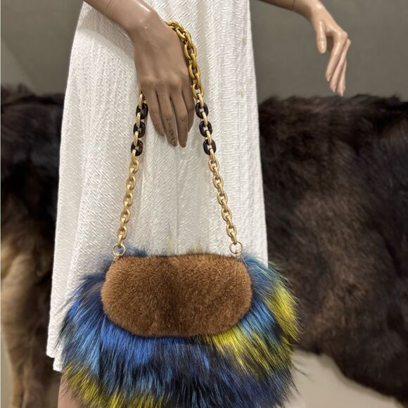Unique Colorful Real Mink Fur with Finn Raccoon Fur Bag Includes 2 Strap Styles - Picture 3 of 17